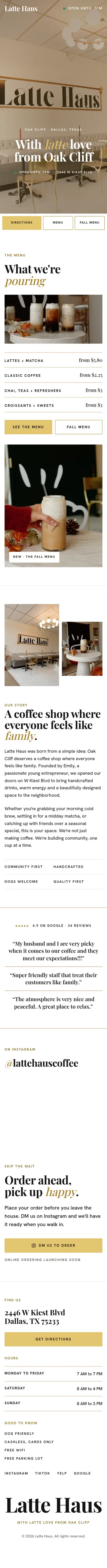 Latte Haus website on a phone